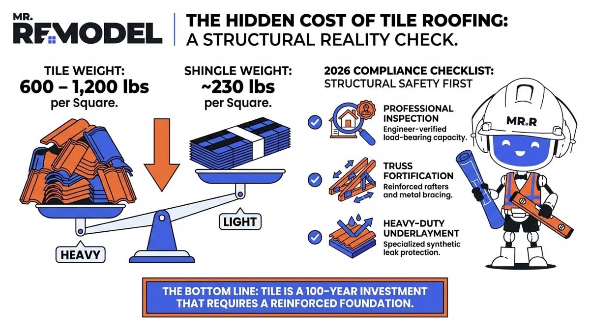 An engineering summary infographic for 2026 tile roofing, comparing material weights and detailing the mandatory truss reinforcement and inspection steps for heavyweight masonry.